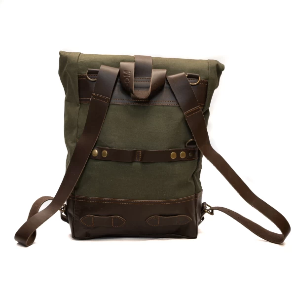 Front view of the Bushcraft Green roll-top motorcycle backpack with reinforced straps