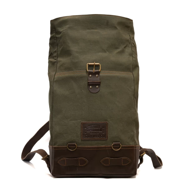 Front view of the Bushcraft Green roll-top motorcycle backpack with reinforced straps