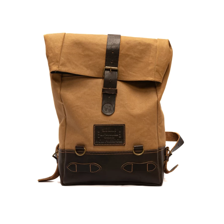 Front view of the Bushcraft roll-top motorcycle backpack with rugged outdoor styling