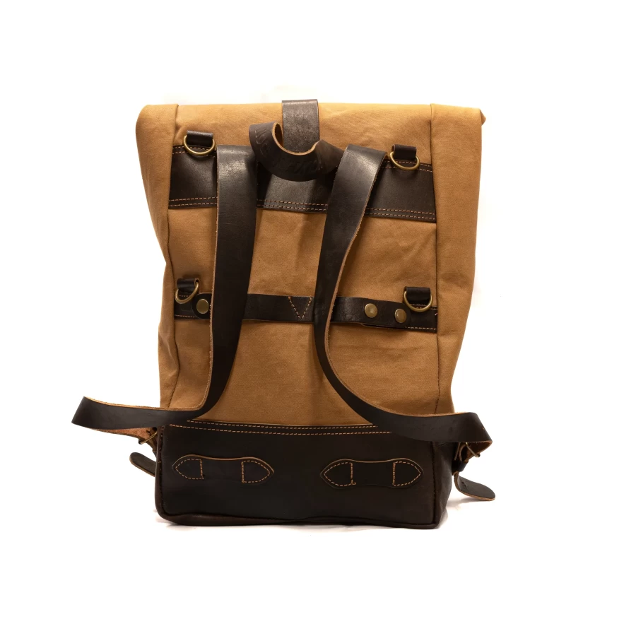 Front view of the Bushcraft roll-top motorcycle backpack with rugged outdoor styling