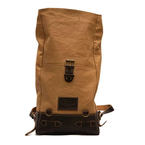 Front view of the Bushcraft roll-top motorcycle backpack with rugged outdoor styling