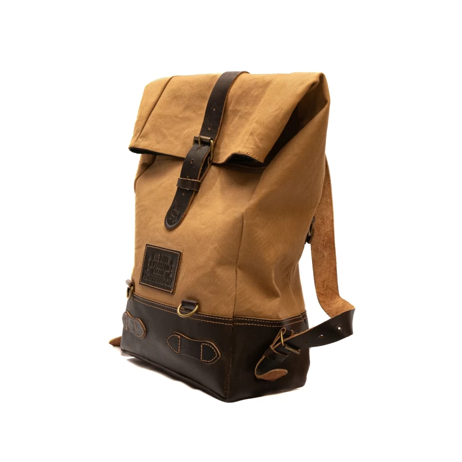Front view of the Bushcraft roll-top motorcycle backpack with rugged outdoor styling