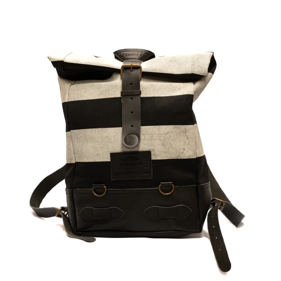 Front view of the Folsom Pack roll-top motorcycle backpack with a clean urban profile