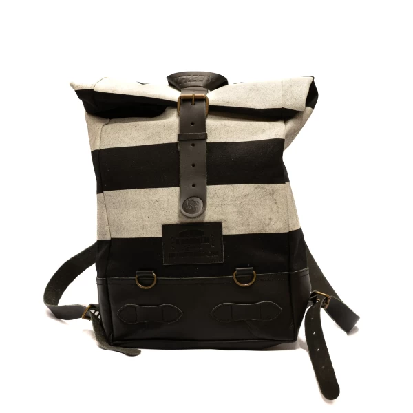 Front view of the Folsom Pack roll-top motorcycle backpack with a clean urban profile