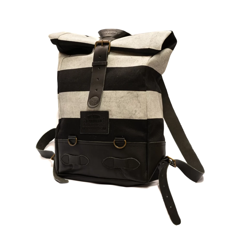 Front view of the Folsom Pack roll-top motorcycle backpack with a clean urban profile
