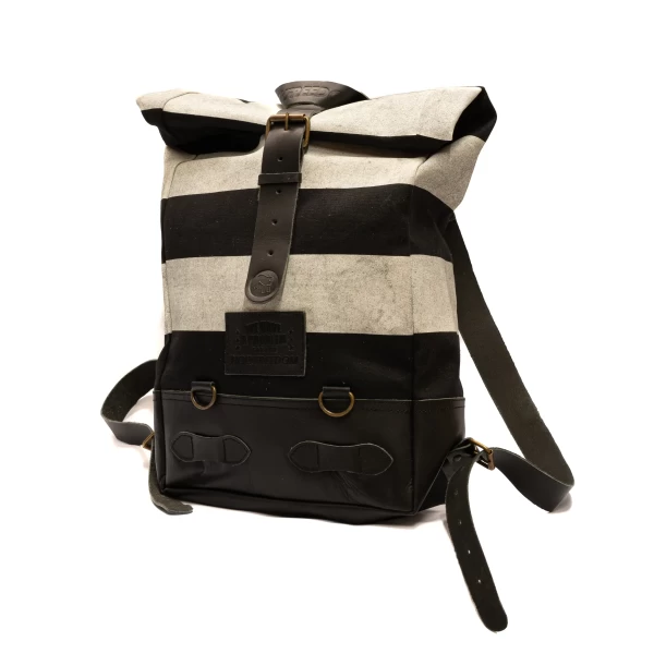 Front view of the Folsom Pack roll-top motorcycle backpack with a clean urban profile