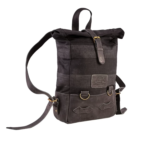 Front view of the Back to Black roll-top motorcycle backpack with a clean black finish