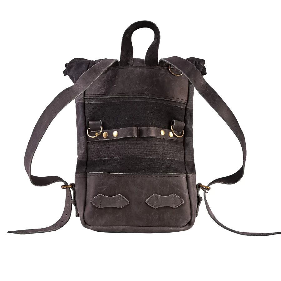 Front view of the Back to Black roll-top motorcycle backpack with a clean black finish