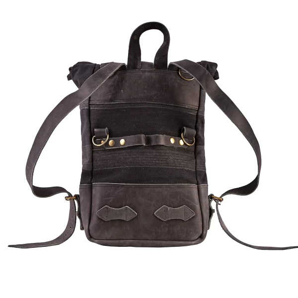 Front view of the Back to Black roll-top motorcycle backpack with a clean black finish