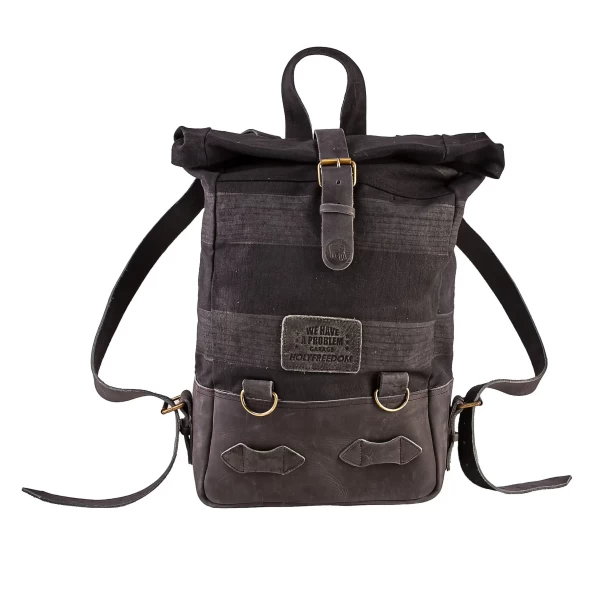Front view of the Back to Black roll-top motorcycle backpack with a clean black finish