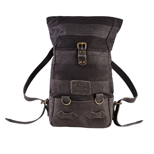 Front view of the Back to Black roll-top motorcycle backpack with a clean black finish